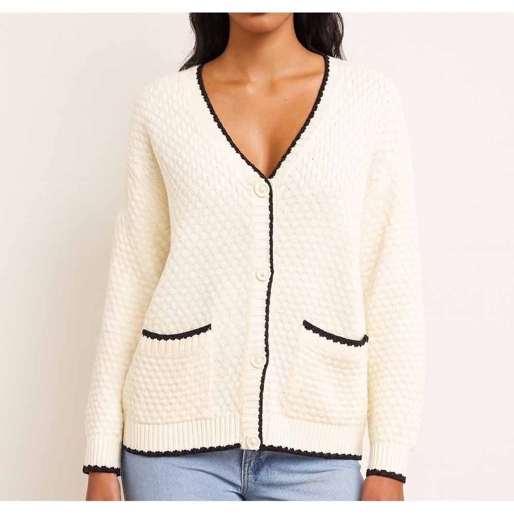 NWT RIHOAS Contrast Stitch Knit Cardigan Sweater L Heritage‎ Old Money Cozycore